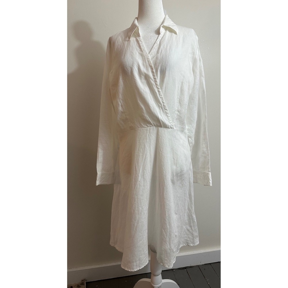 Mario Romano White 100% Linen Wrap Style Dress Made in Italy Long Sleeve Small